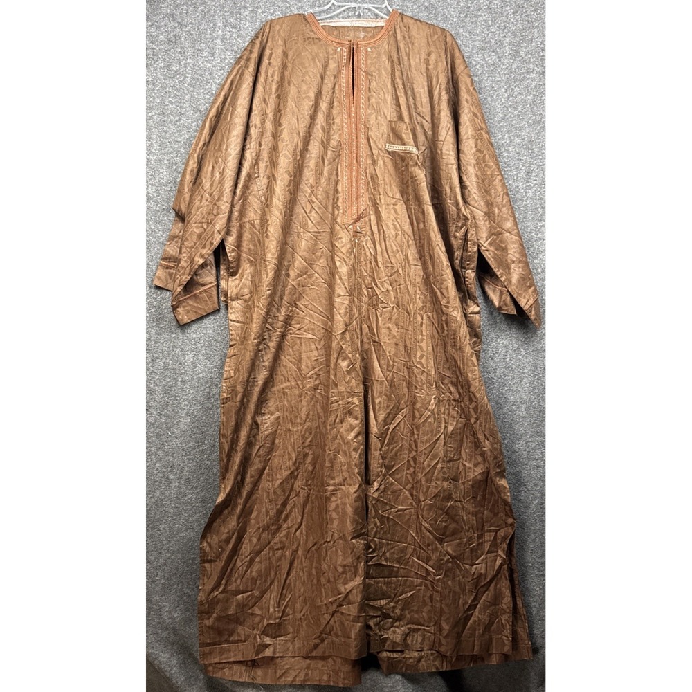 African Dashiki Kaftan Brown Long Tunic Robe Tribal Pattern Embroidered